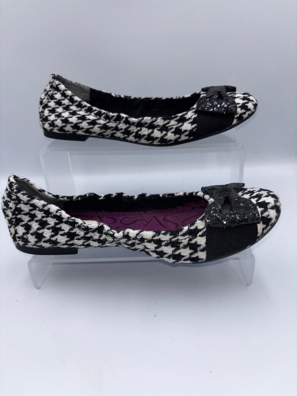 Simply Vera Wang Ballet Flats Womens 7.5 Black White Houndstooth Glitter Bow